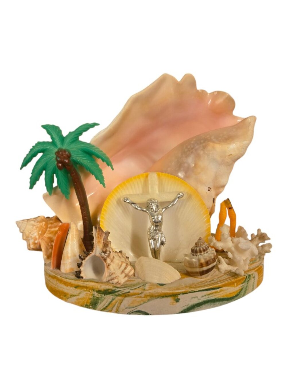 Vintage Seashell Beach Scene Sculpture Shrine Crucifix Palm Tree Kitsch